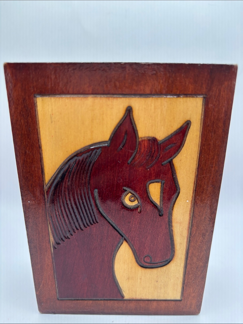 VINTAGE INLAY HORSE HEAD STALLION WOOD JEWELRY TRINKET BOX HINGED LID‎ 5x3.5”